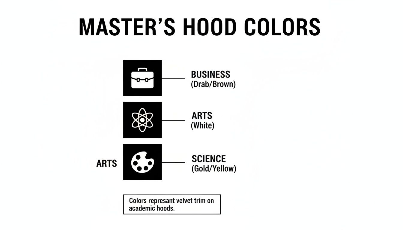 Chart illustrating master's academic hood colors for business, arts, and science degrees.