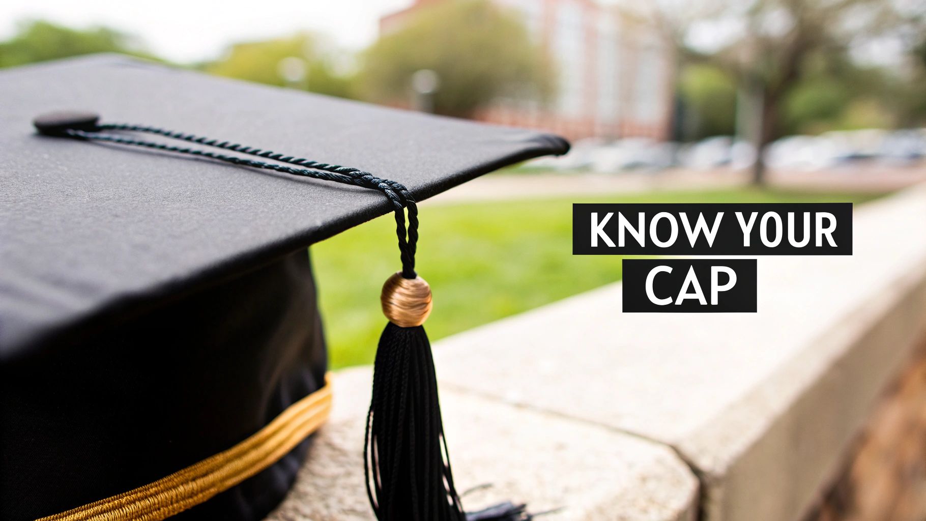 Black graduation cap with tassel on outdoor campus setting with motivational text overlay