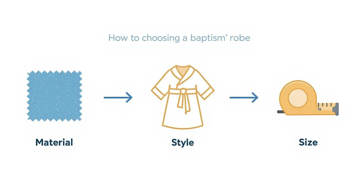 Visual guide showing the steps for choosing a baptism robe: material, style, and size.