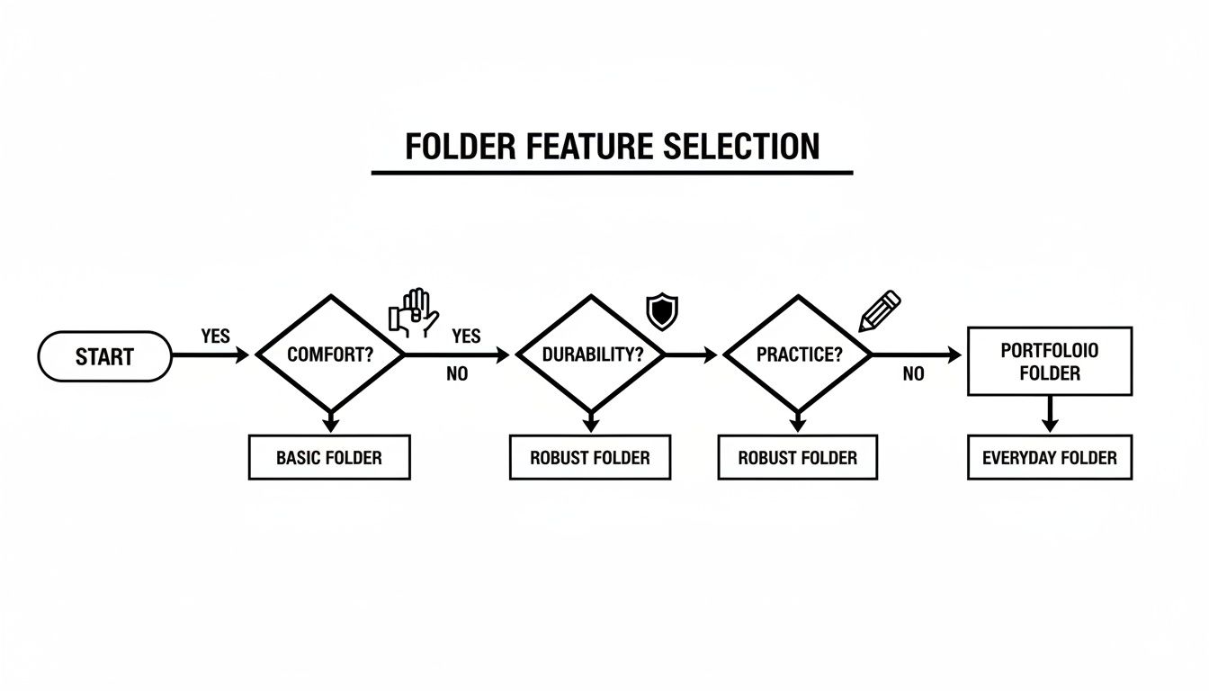 A flowchart showing folder feature selection based on comfort, durability, and practice needs.