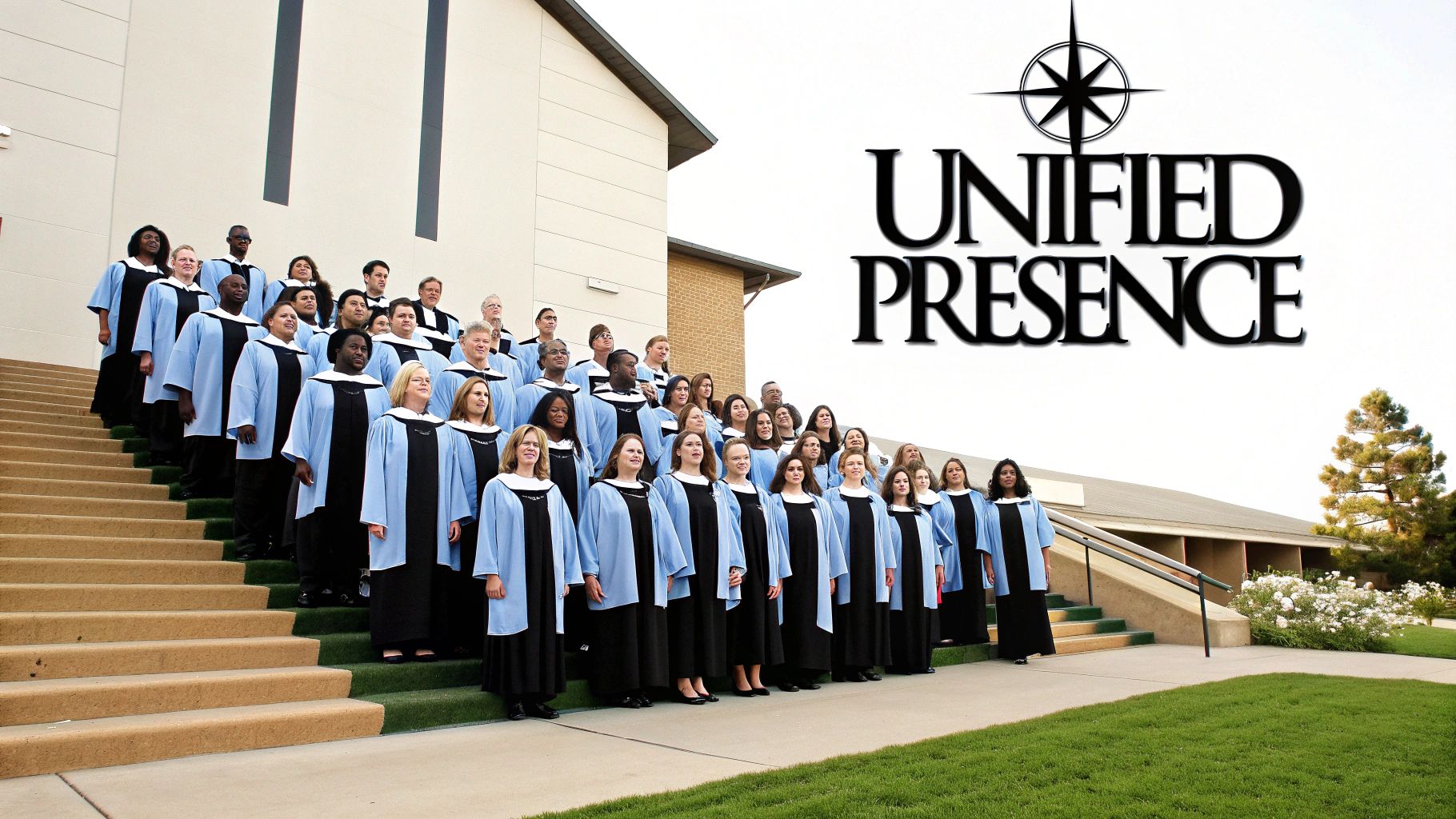 A diverse choir of adults in light blue and black robes stands on outdoor steps.
