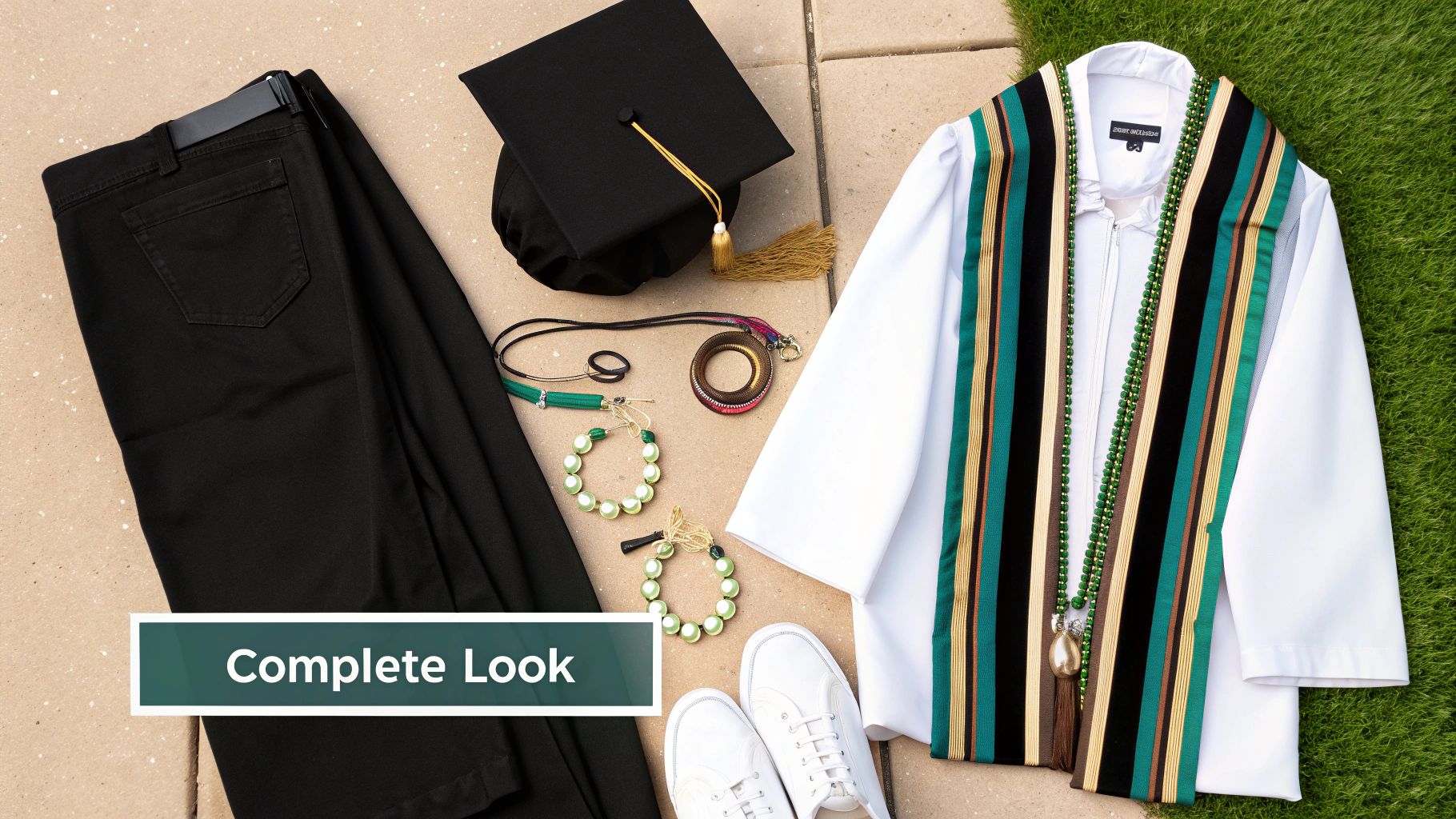 Flat lay of a complete graduation outfit: black pants, white gown, cap, colorful stole, and accessories.