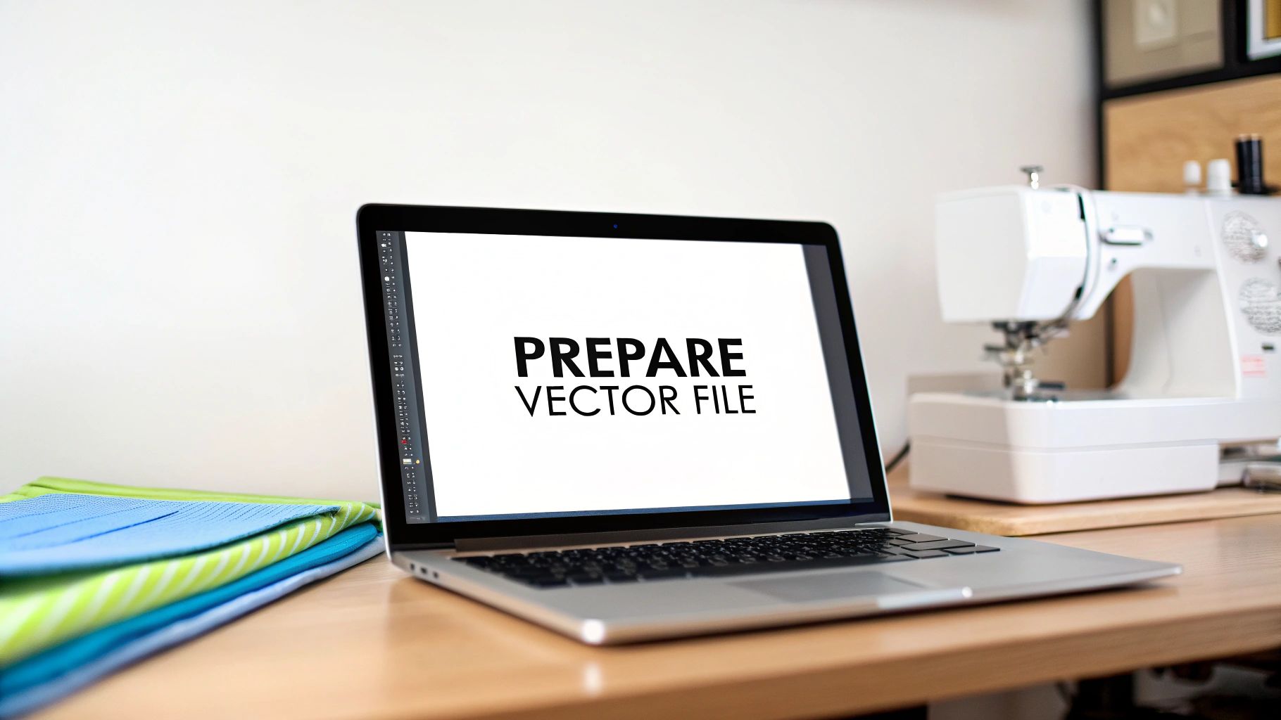 A vector file of a graduation stole design on a computer screen next to the finished embroidered product.