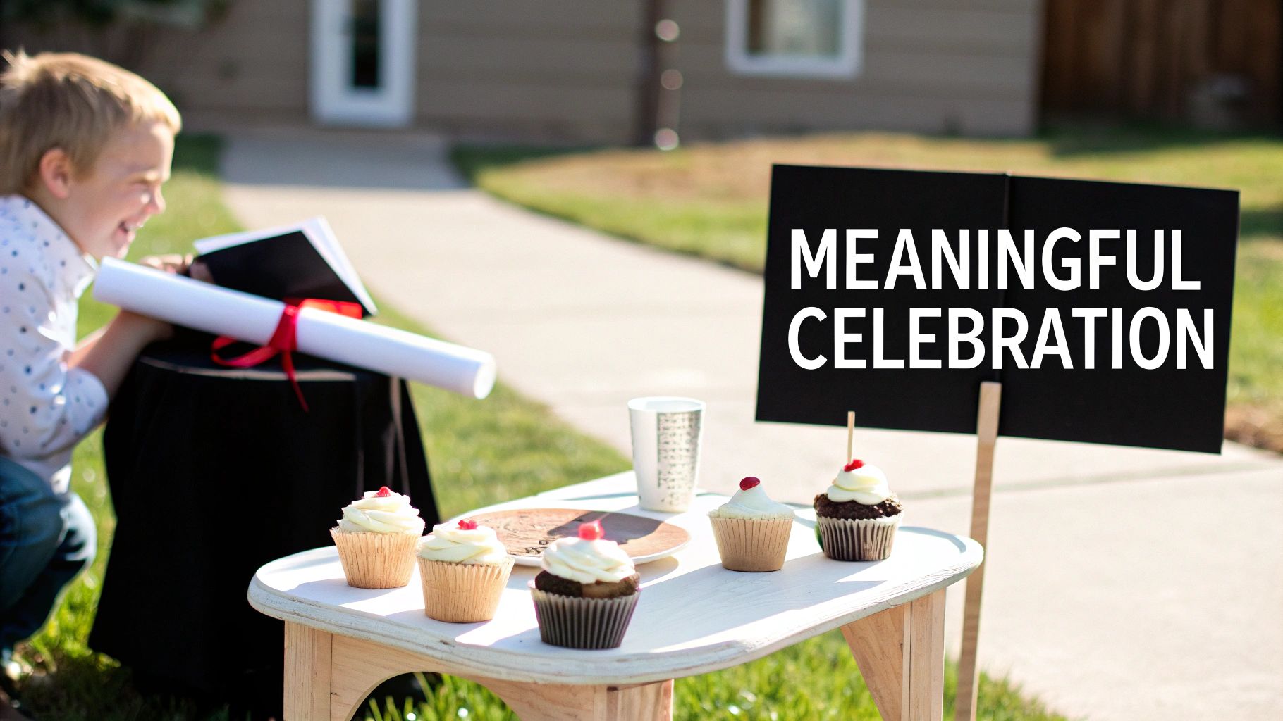 A family celebrating a preschool graduation with a small cake and decorations in their backyard.