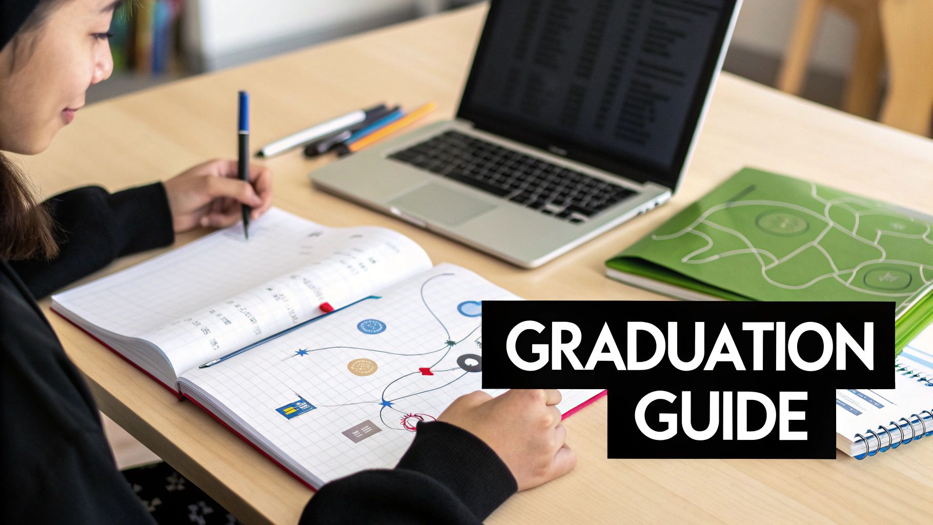 A group of diverse high school graduates celebrating by tossing their caps in the air