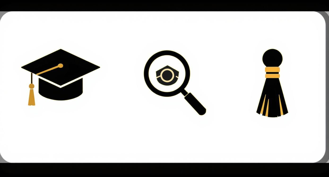 Three icons illustrating a graduation cap, a magnifying glass, and a decorative tassel.
