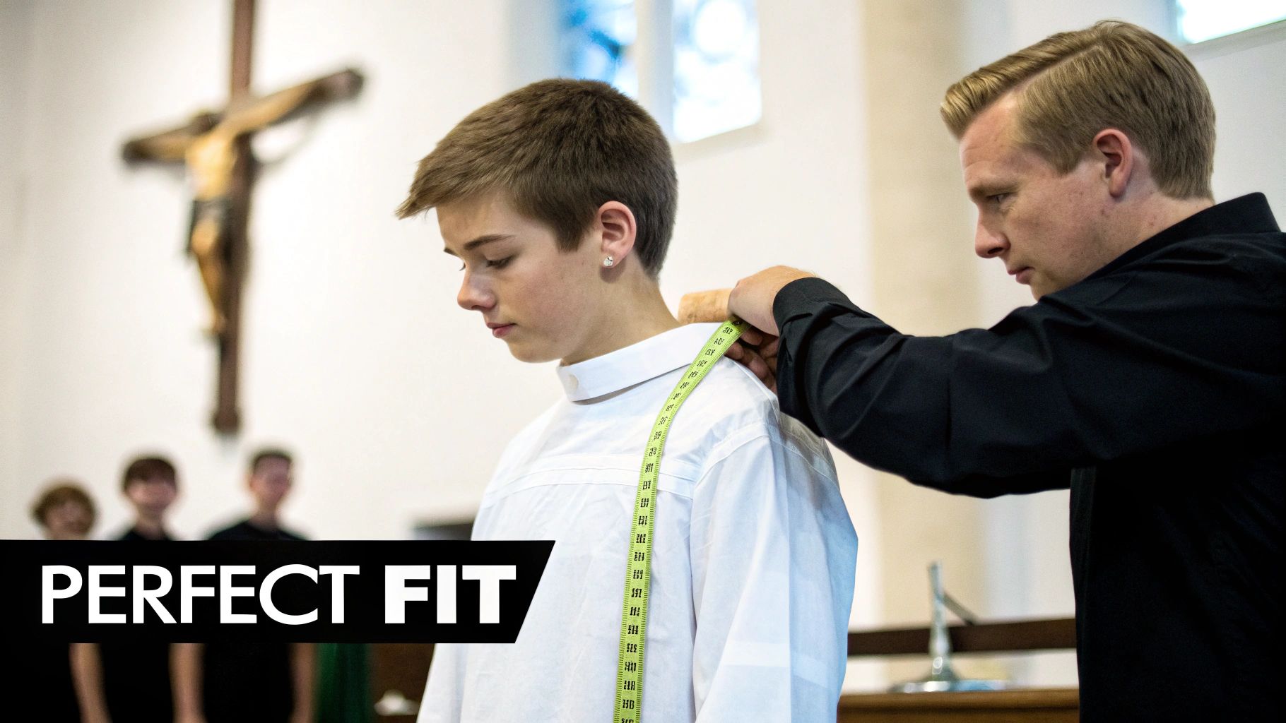 A man measures a young boy wearing a white alb with a tape measure in a church setting.