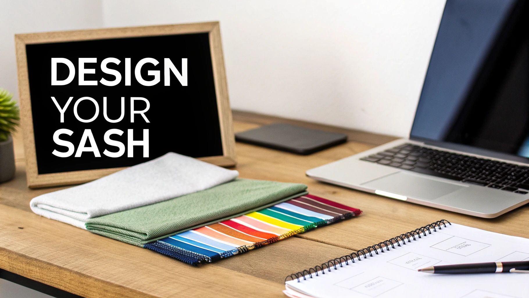 A desk setup featuring a chalkboard with "DESIGN YOUR SASH", fabric samples, laptop, and notebook.