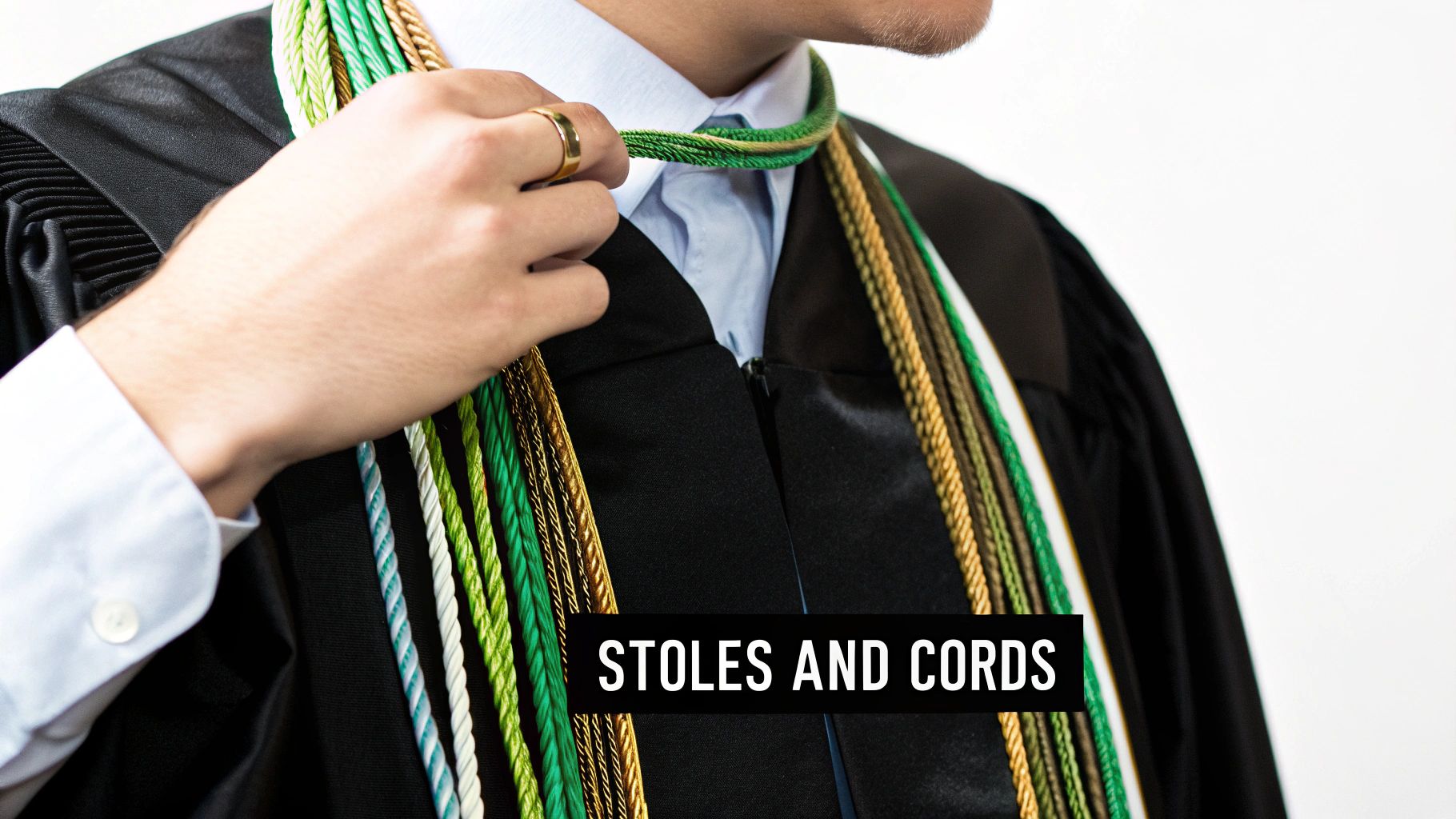Graduate wearing black graduation gown with multiple colorful honor cords and stoles draped over shoulders