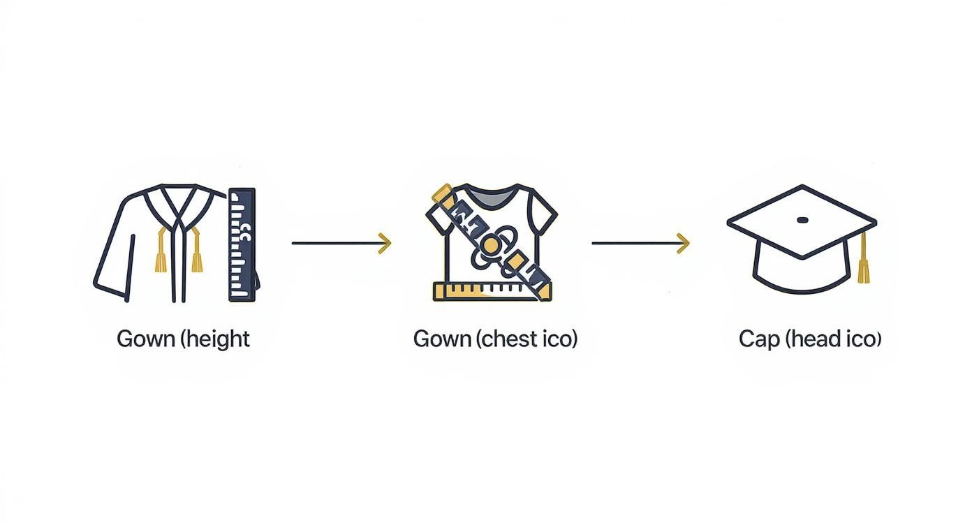 Graduation attire measurement guide showing gown height, chest, and cap sizing process with arrows