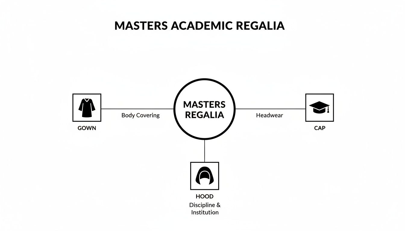 A diagram illustrating the components of Masters academic regalia: gown (body covering), cap (headwear), and hood (discipline and institution).