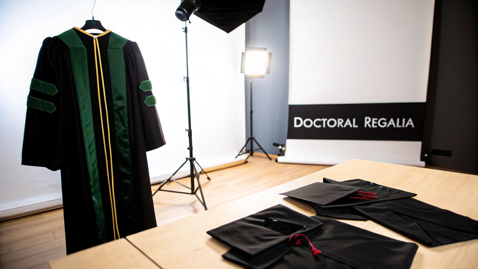A black doctoral gown with green and gold accents hangs, with several black graduation caps on a table. A banner reads "Doctoral Regalia."