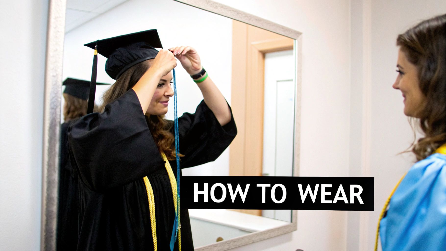 A woman in a black graduation cap and gown adjusts her tassel in a mirror.