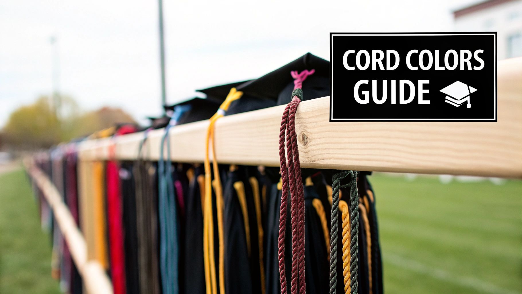 Graduation caps with colorful honor cords displayed on a wooden beam outdoors, with a 'Cord Colors Guide' overlay.