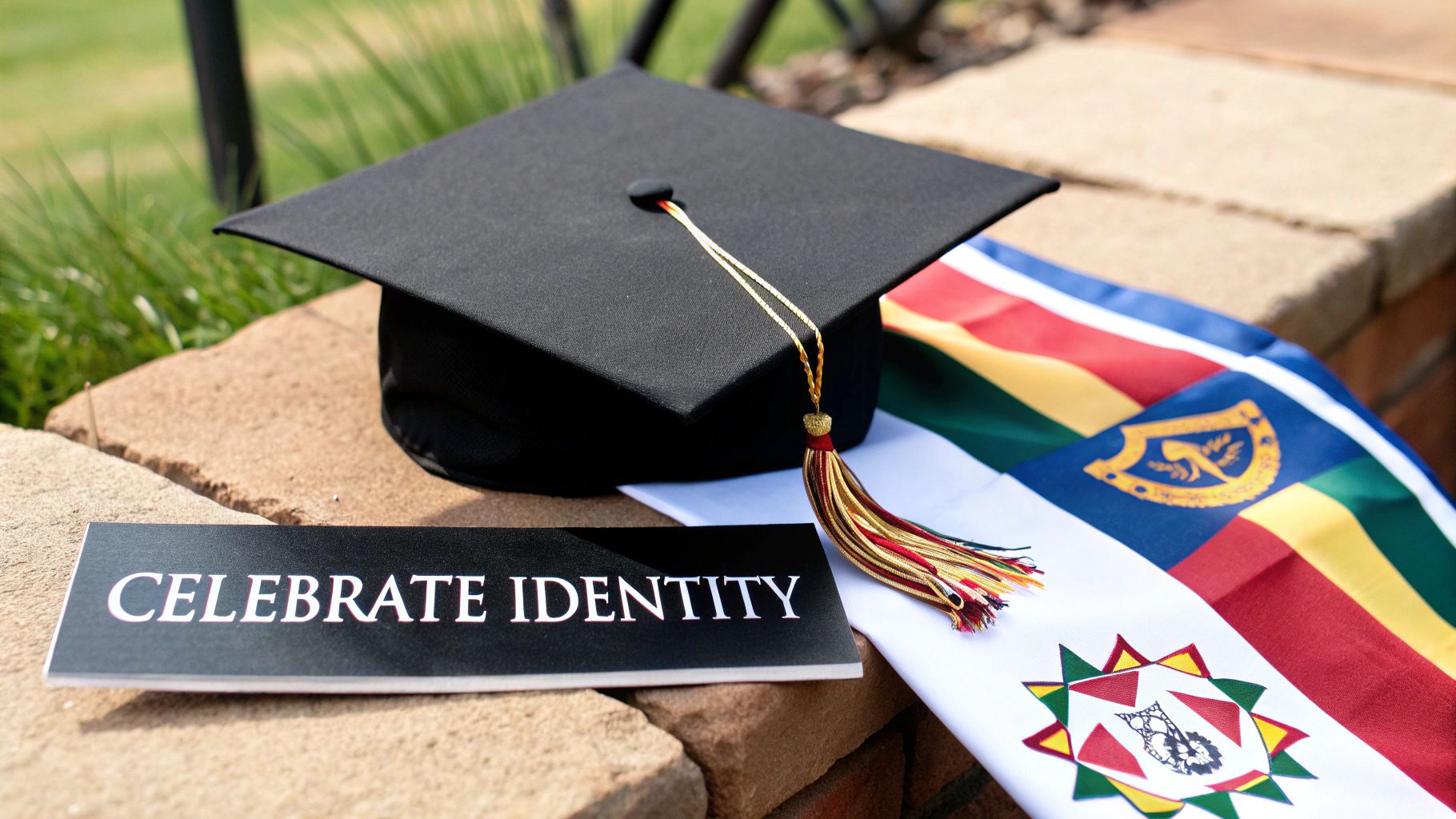 A black graduation cap with a red and gold tassel sits on a stone wall next to colorful identity sashes and a 'CELEBRATE IDENTITY' sign.