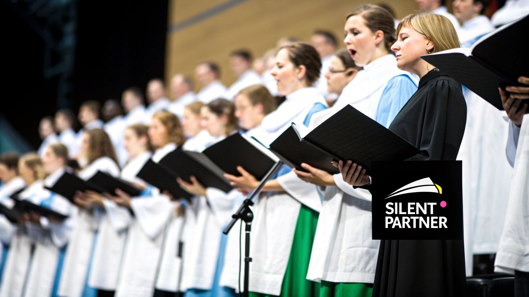 A diverse choir performs, with individuals in robes holding black music folders, singing on stage.