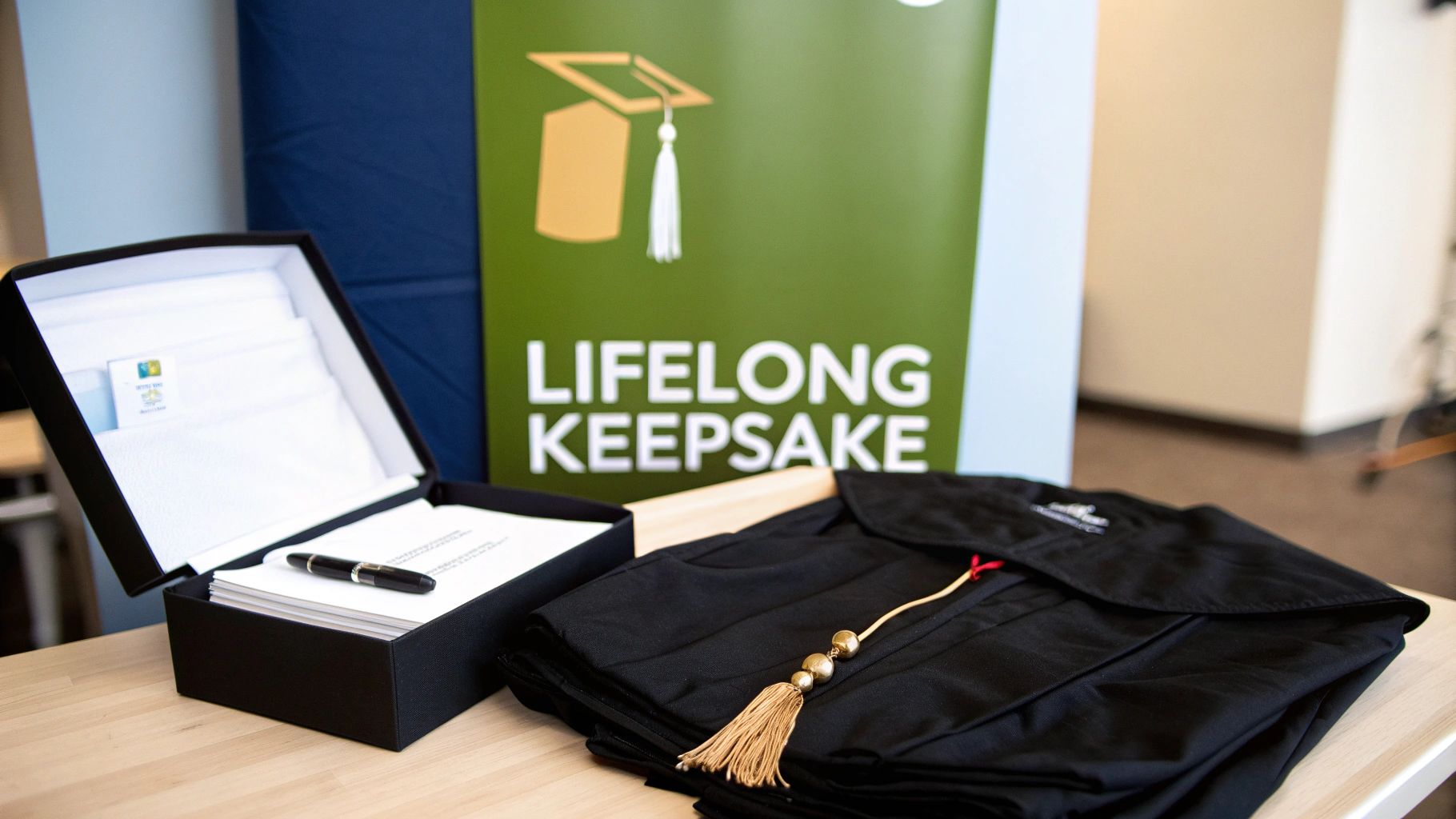 A black graduation gown, a keepsake box with papers, a pen, and a 'Lifelong Keepsake' banner.