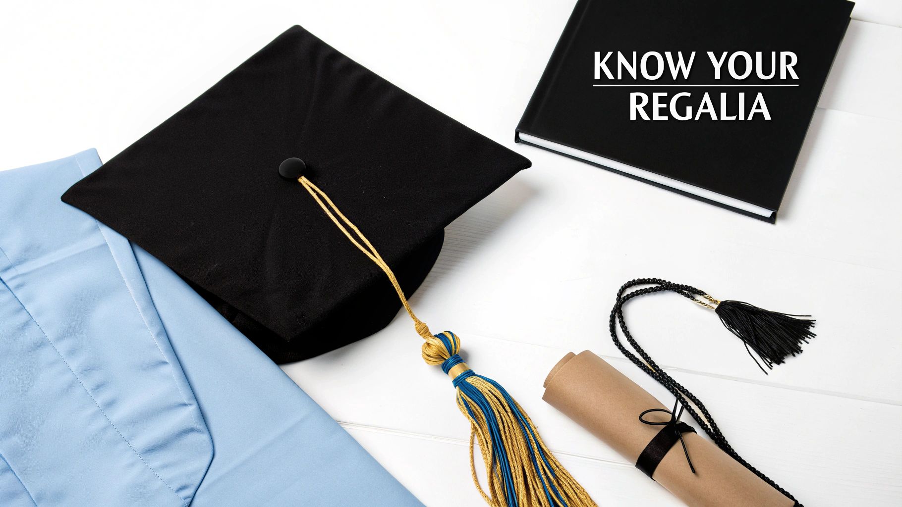 Graduation regalia laid out: black cap with tassel, blue gown, diploma, and 'KNOW YOUR REGALIA' book.
