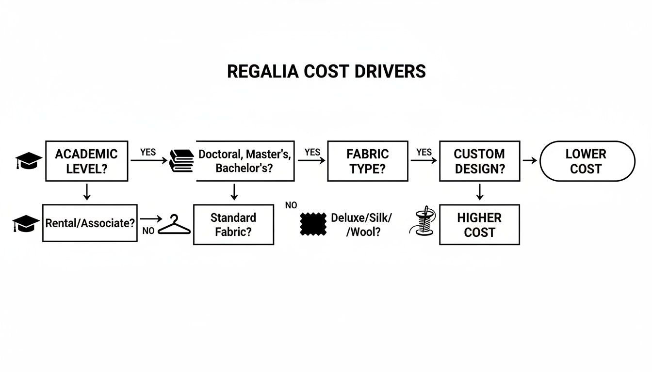 Flowchart outlining regalia cost drivers, including academic level, degree type, fabric, and custom design.