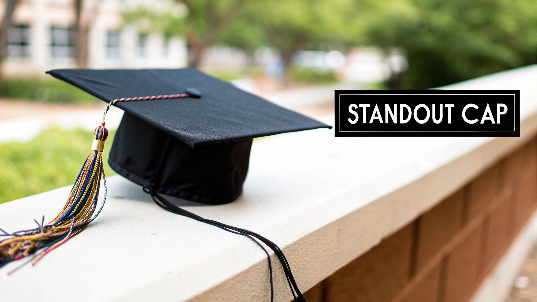 A black graduation cap with a vibrant, multicolored tassel rests on a light outdoor ledge.