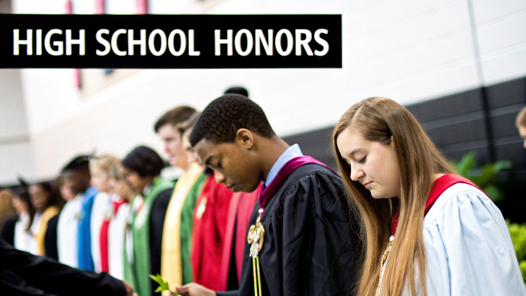 High school graduates smiling and wearing their caps, gowns, and honor cords.