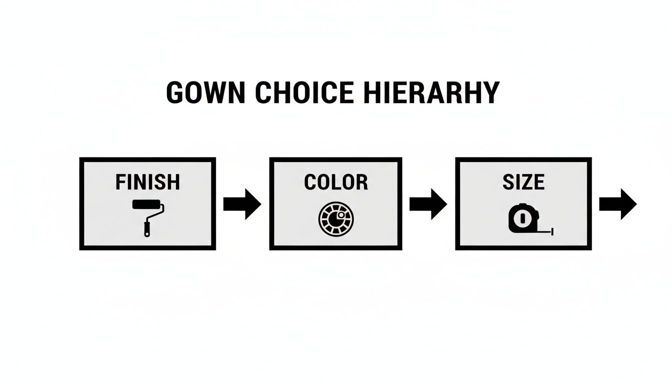 Diagram illustrating the gown choice hierarchy: Finish, Color, and Size, presented in a sequential flow.