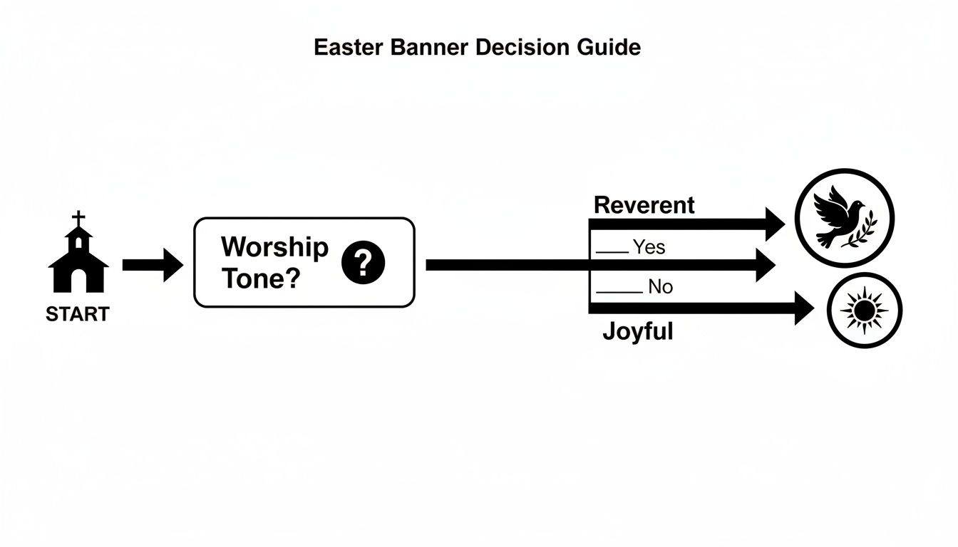 Flowchart illustrating the Easter banner decision guide based on worship tone: reverent or joyful.