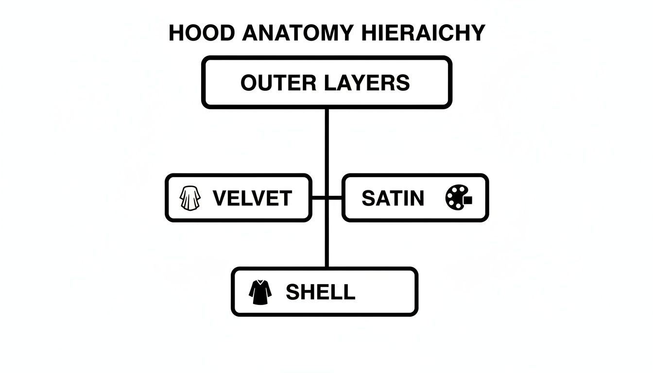Diagram illustrating the academic hood anatomy hierarchy: Outer Layers, Velvet, Satin, and Shell components.