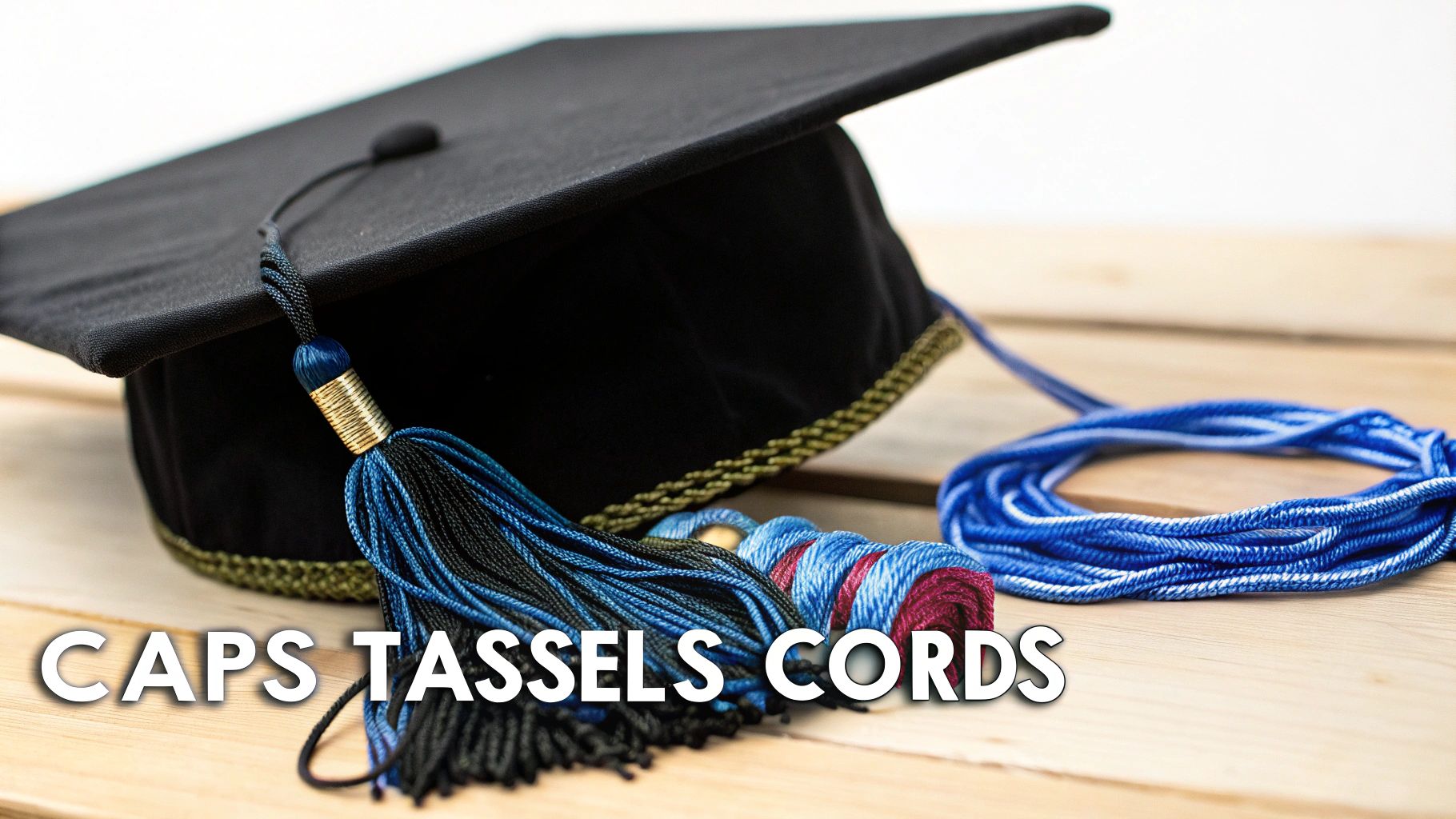 A black graduation cap with a blue and black tassel, accompanied by colorful coiled honor cords on a wooden surface.