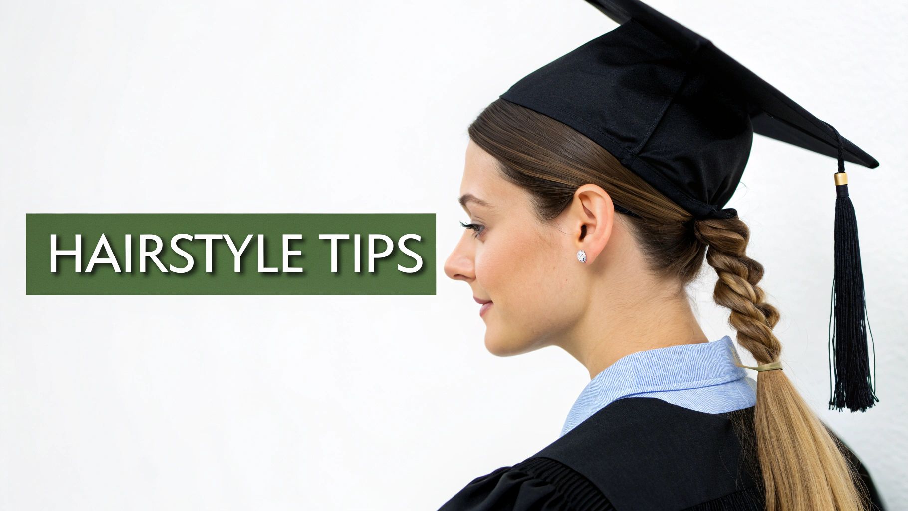 A female graduate smiles while wearing her graduation cap and gown