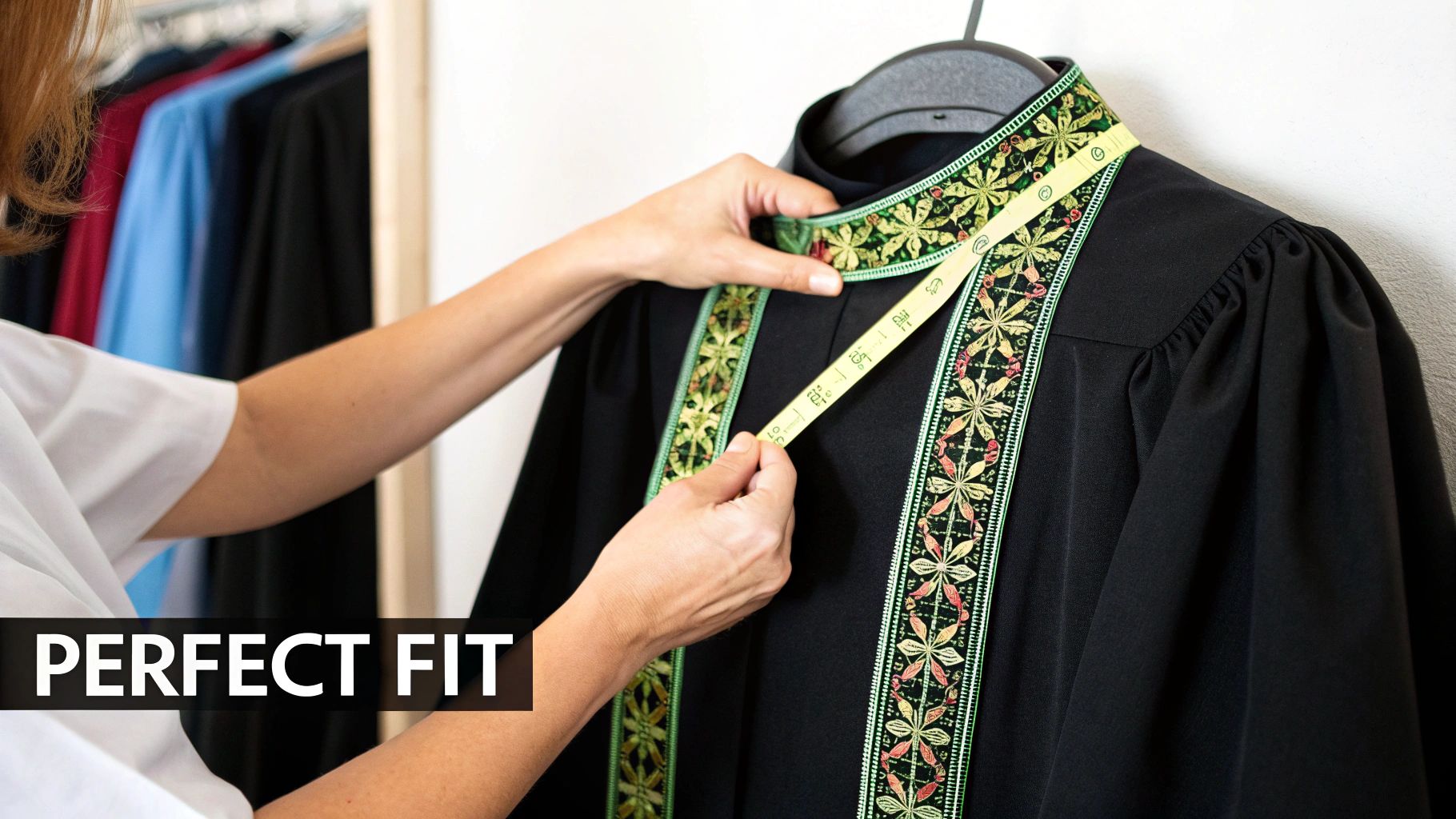 Singer being measured for a red choir robe