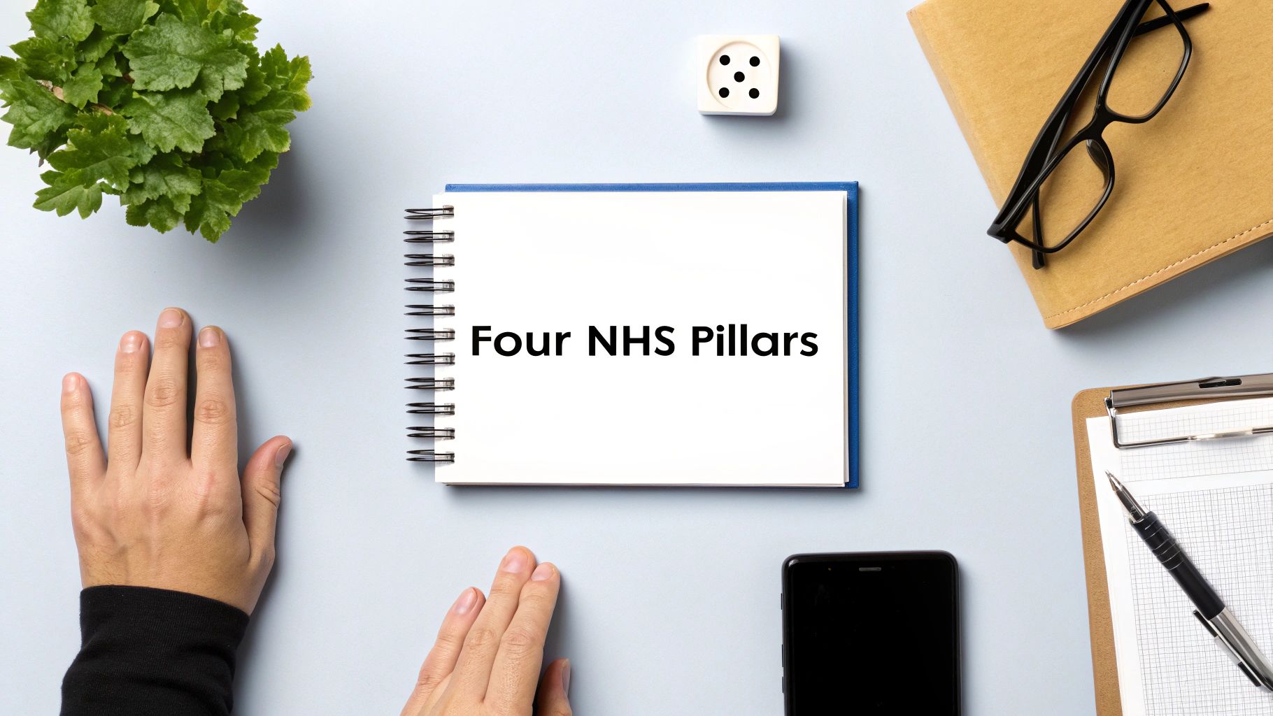 Spiral notebook displaying Four NHS Pillars text on white desk with plant and office supplies