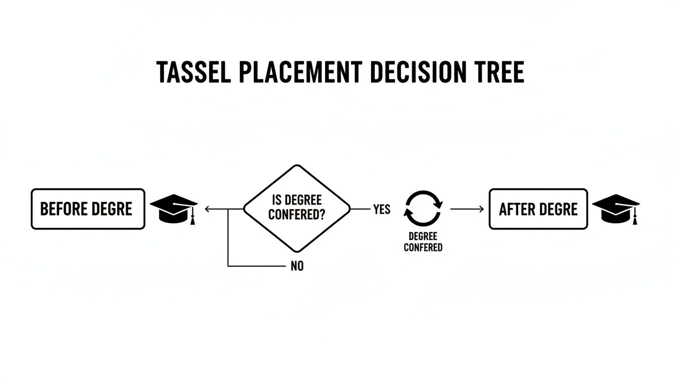 A flowchart titled 'Tassel Placement Decision Tree' illustrating steps before and after degree conferral.