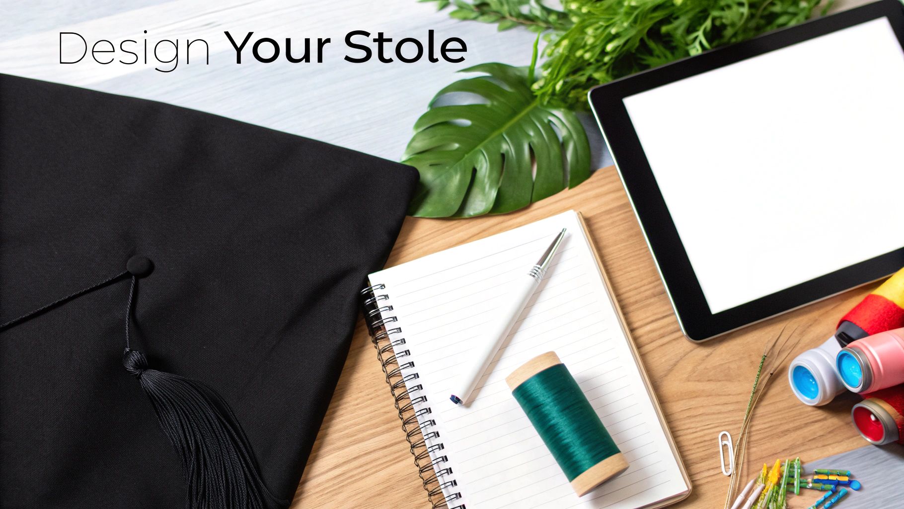 A graduation cap, notebook, tablet, and crafting supplies, with text 'Design Your Stole'.