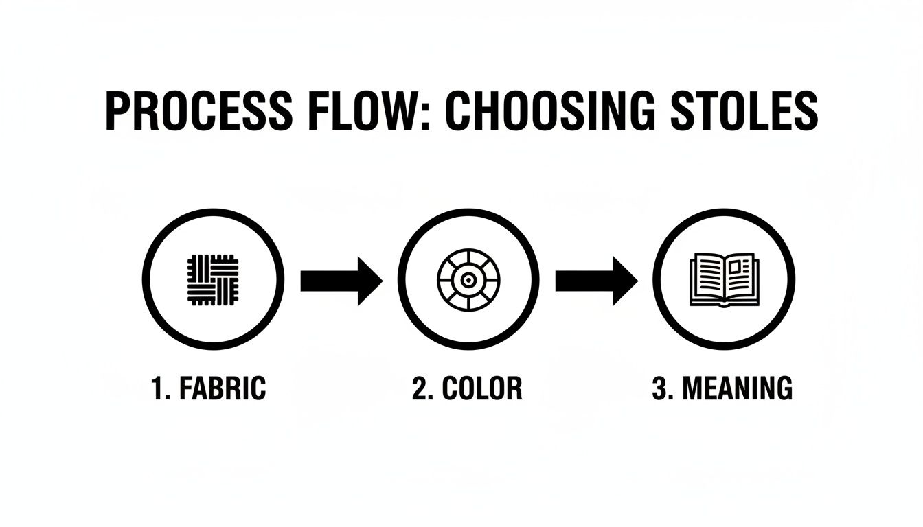 Process flow diagram showing three sequential steps for choosing stoles: fabric, color, and meaning.