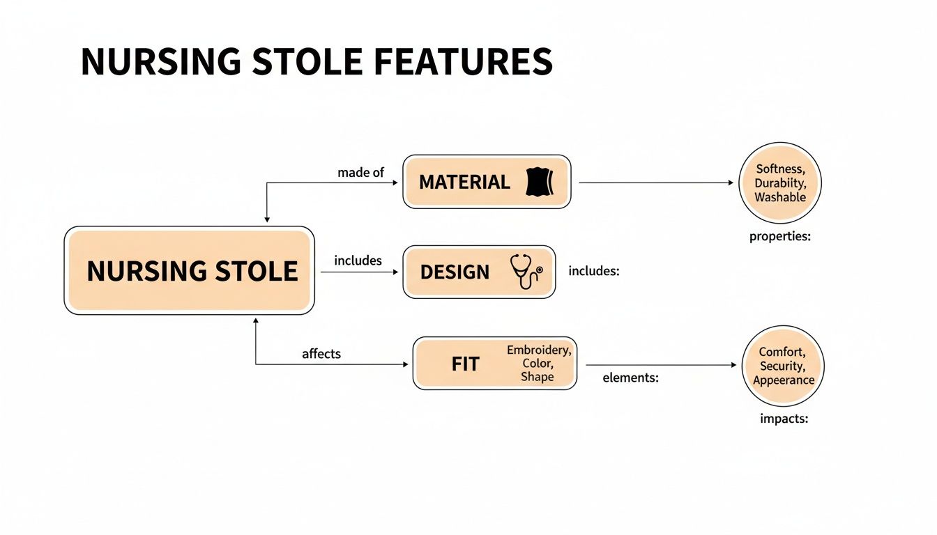Diagram illustrating nursing stole features including material properties like softness and durability, design, and fit's impact on comfort and appearance.