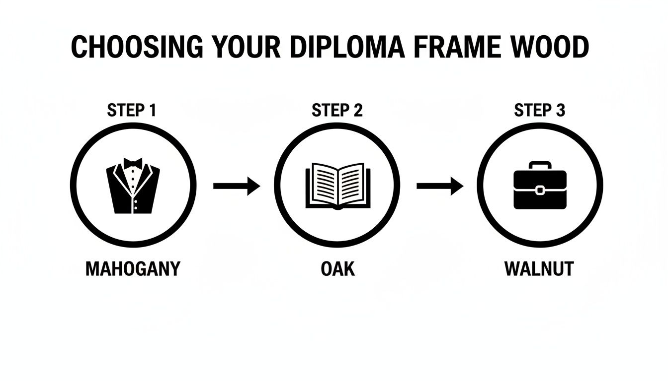 A three-step guide for choosing diploma frame wood, showing mahogany, oak, and walnut options.