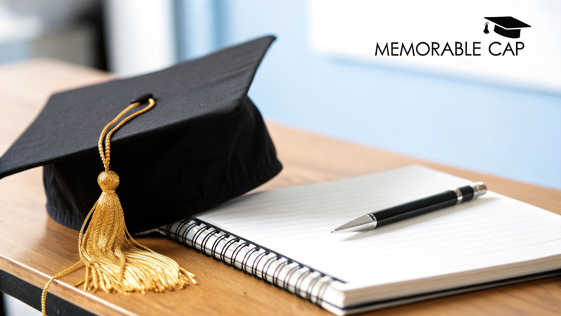 A black graduation cap with a gold tassel rests beside an open notebook and pen on a wooden desk.