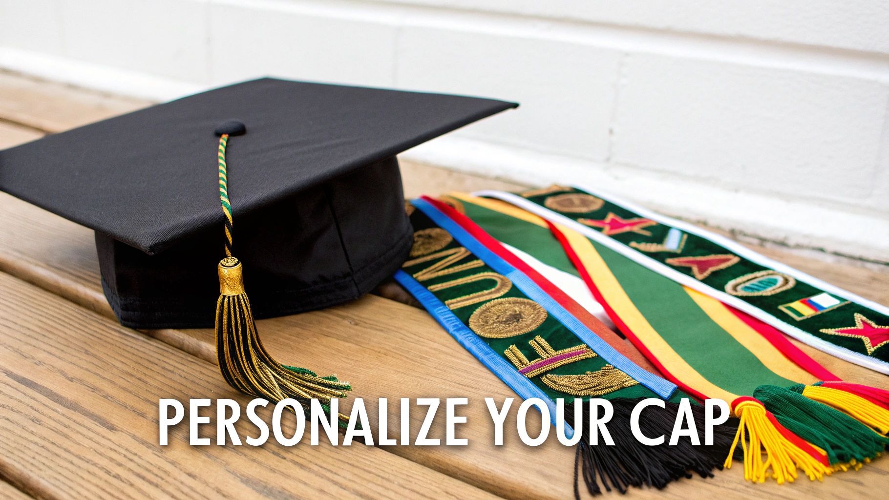 A black graduation cap with a gold and green tassel next to colorful graduation stoles on a wooden surface.