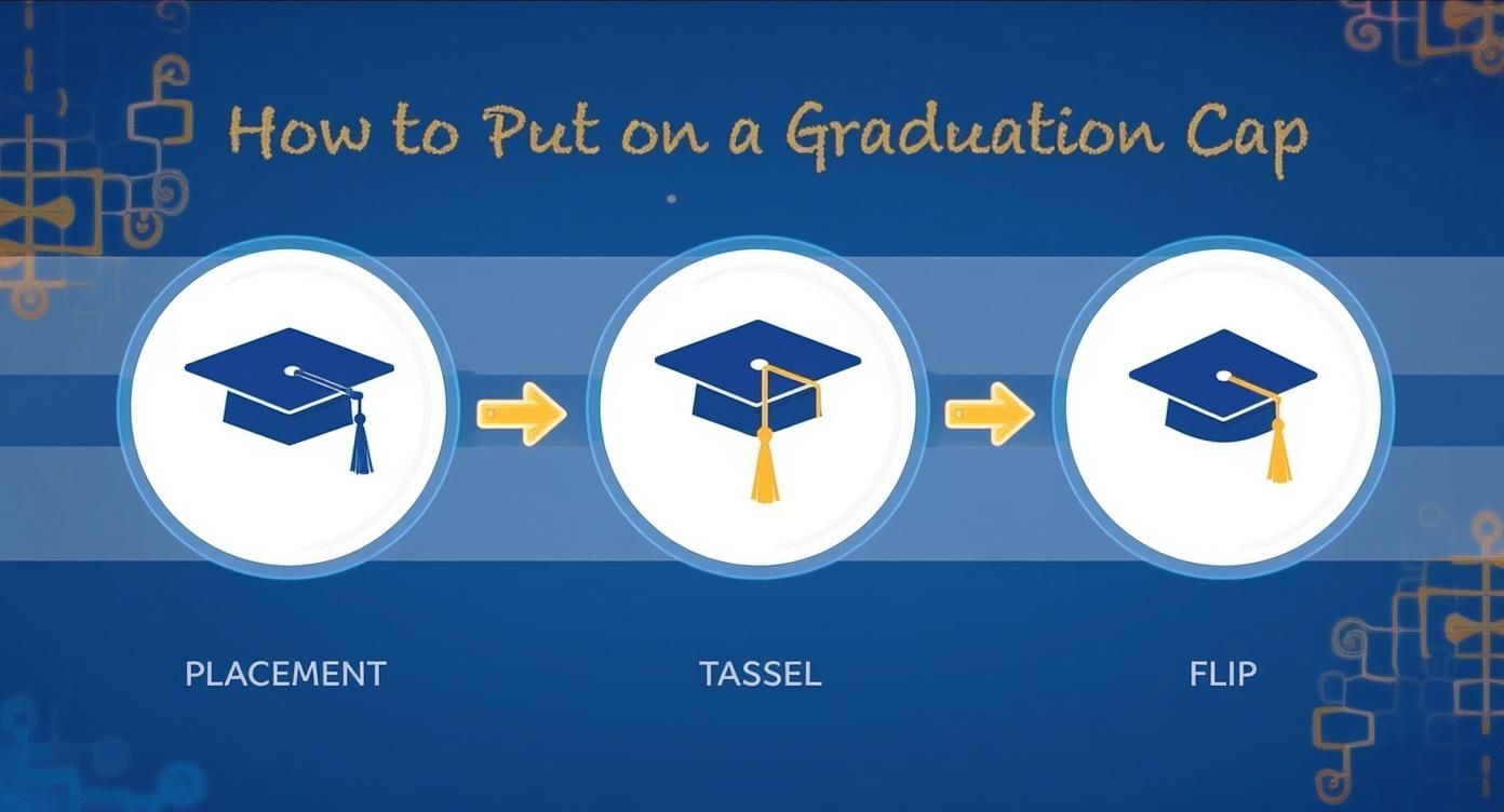 A visual guide illustrating three steps for properly putting on a graduation cap, including placement, tassel, and flip.
