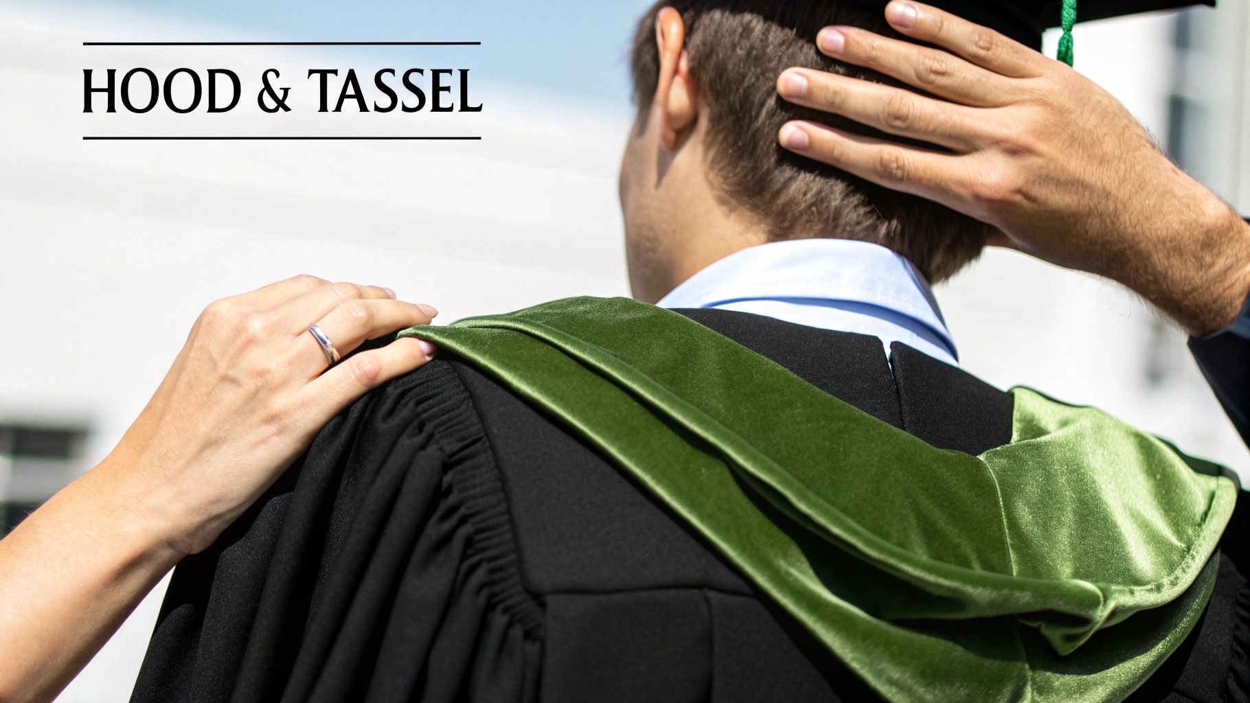 Back view of a graduate wearing a black gown, green academic hood, with a hand on the shoulder.