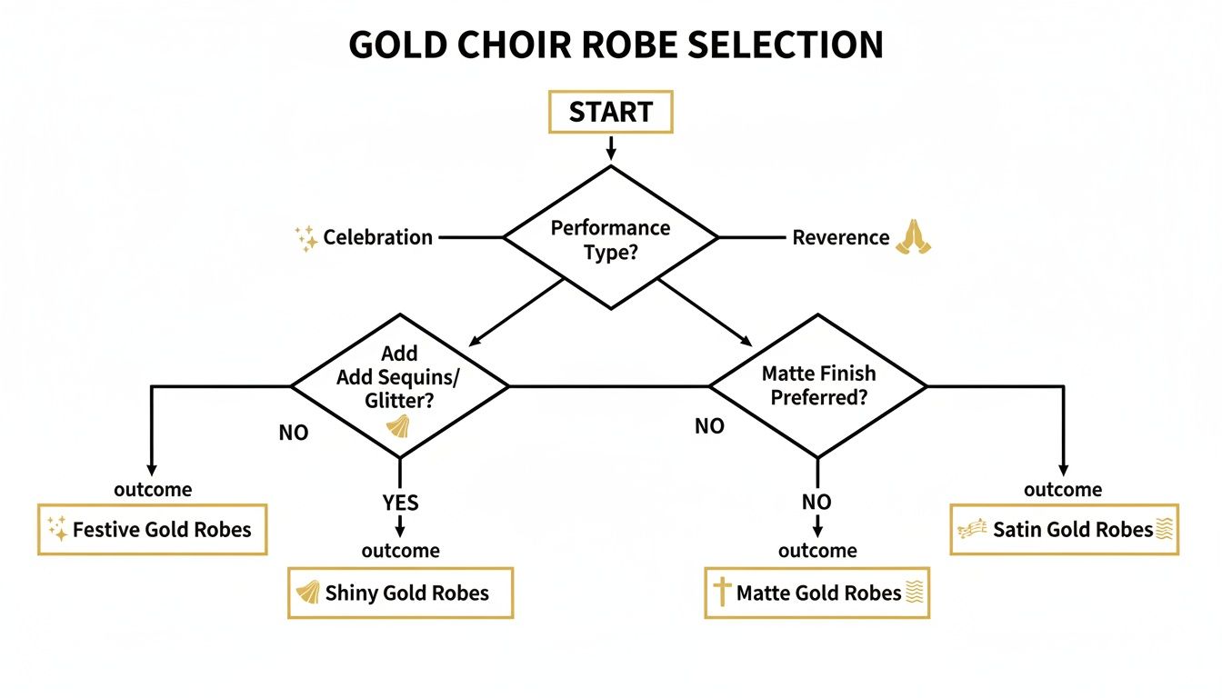 Flowchart for selecting gold choir robes based on performance type and finish preferences.