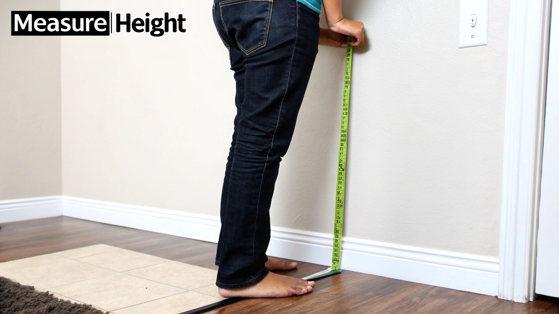 A person stands barefoot, measuring their height against a wall with a green tape measure.