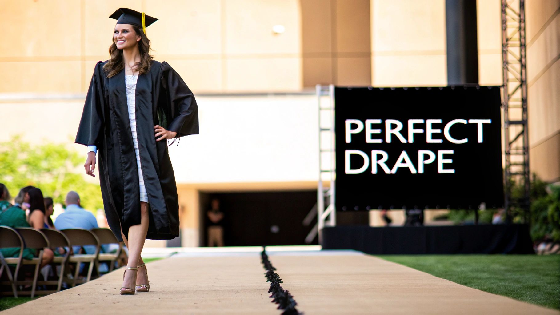 Graduate modeling perfect drape black graduation gown on runway at outdoor ceremony event