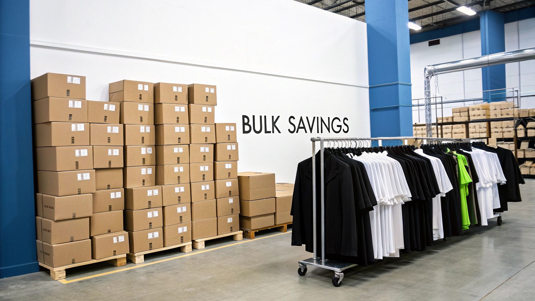 A warehouse scene featuring stacked cardboard boxes, a clothing rack with various garments, and a "BULK SAVINGS" sign.