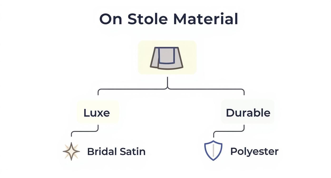 Infographic decision tree helping graduates choose between Bridal Satin for a luxe feel and Polyester for durability when searching for custom graduation stoles near me.