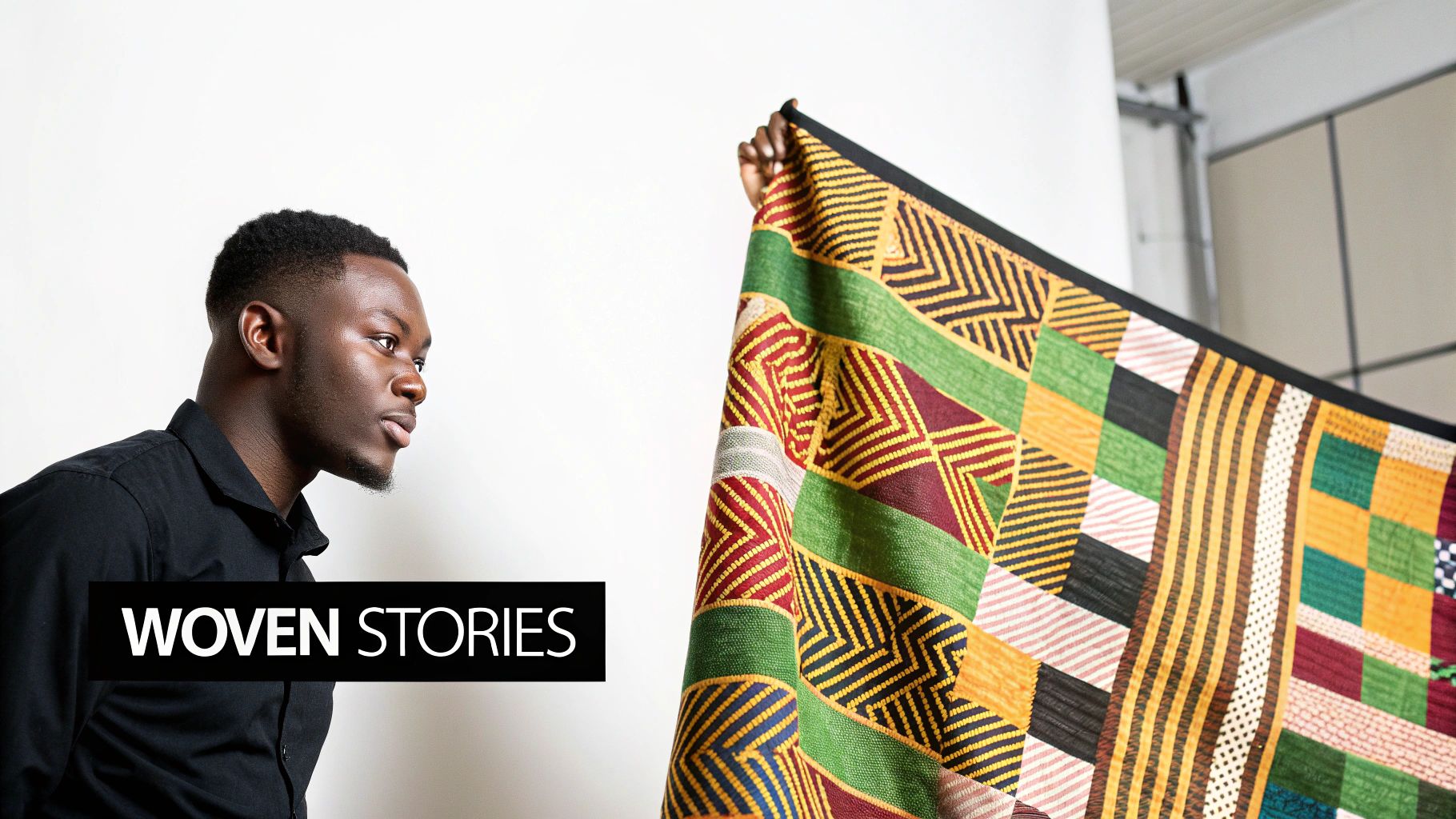 A young Black man in a black shirt looks at a colorful Kente cloth with 'Woven Stories' text.