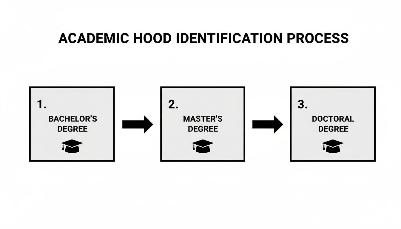 Flowchart illustrating the academic hood identification process for Bachelor's, Master's, and Doctoral degrees.