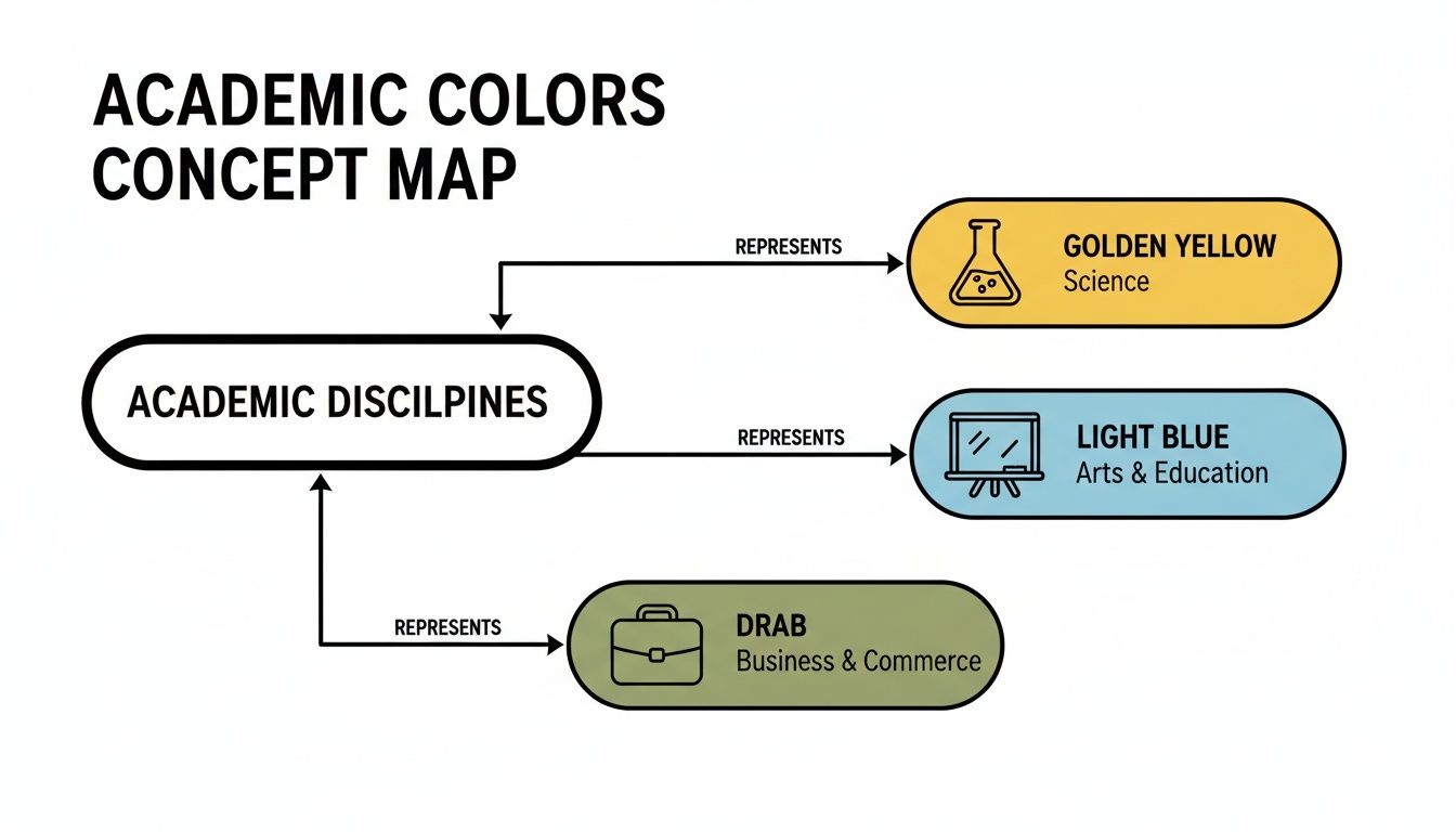 A concept map illustrating academic disciplines, their representative colors, and associated fields of study.