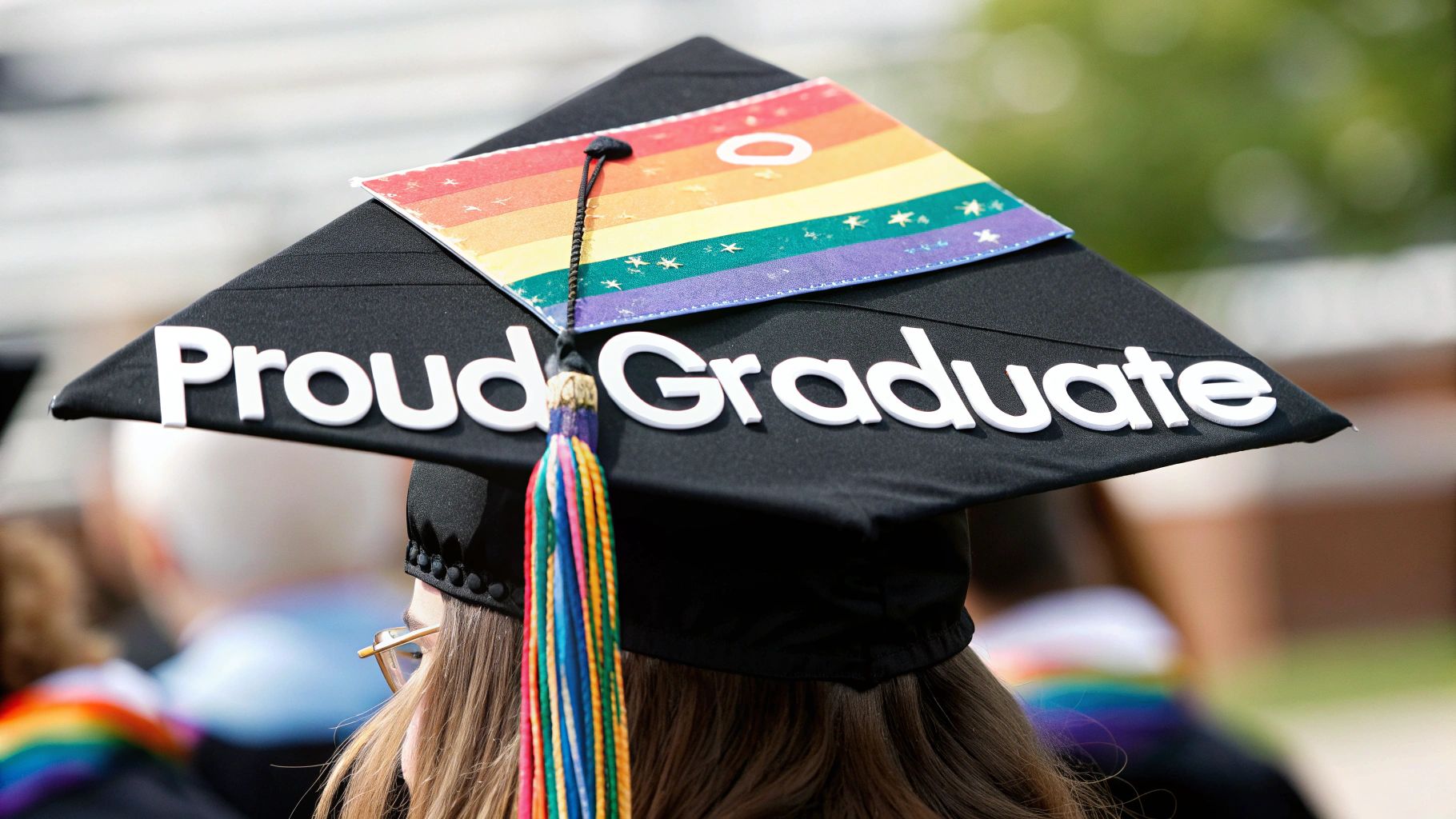 A black graduation cap with "Proud Graduate" text and a rainbow pride flag decoration.